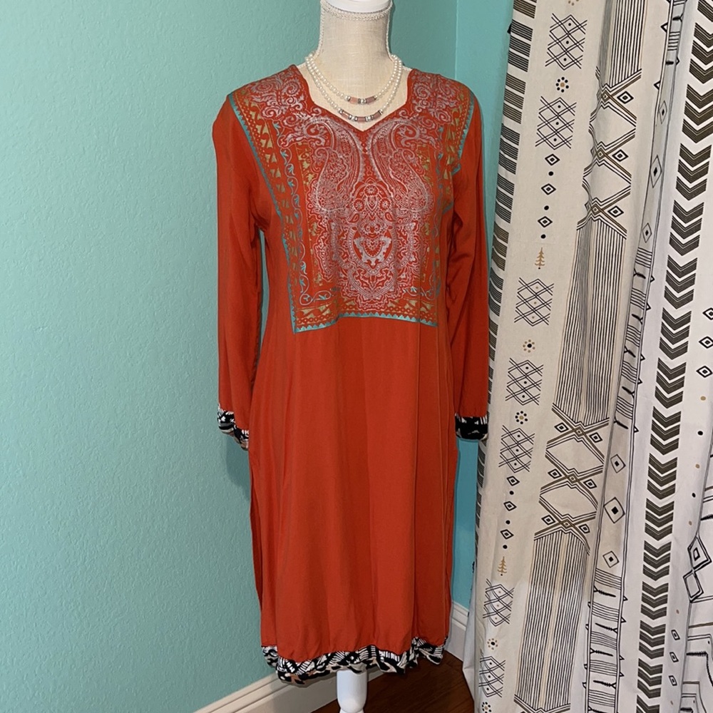 Burned Orange Long Tunic with Turquoise Detail and Slit on the Sides